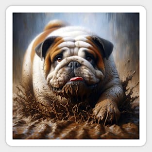 English Bulldog Playing in the Mud Sticker